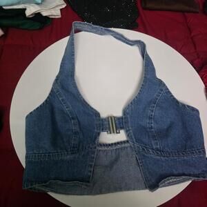 Blue denim halter crop top with silver buckle #halter #buckle